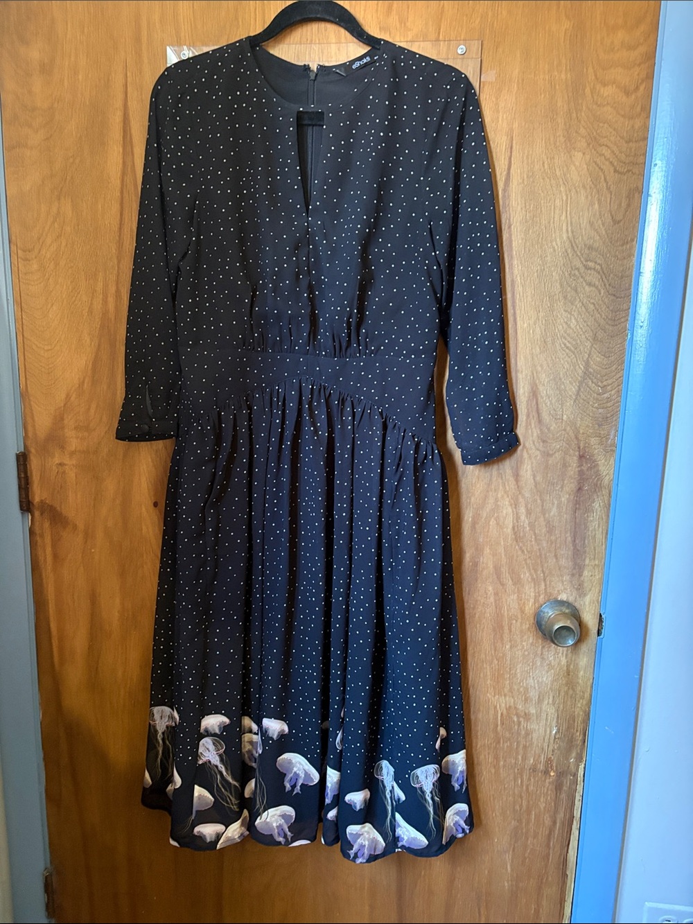 eShakti Black Polka Dot Midi Dress with Jellyfish Hem